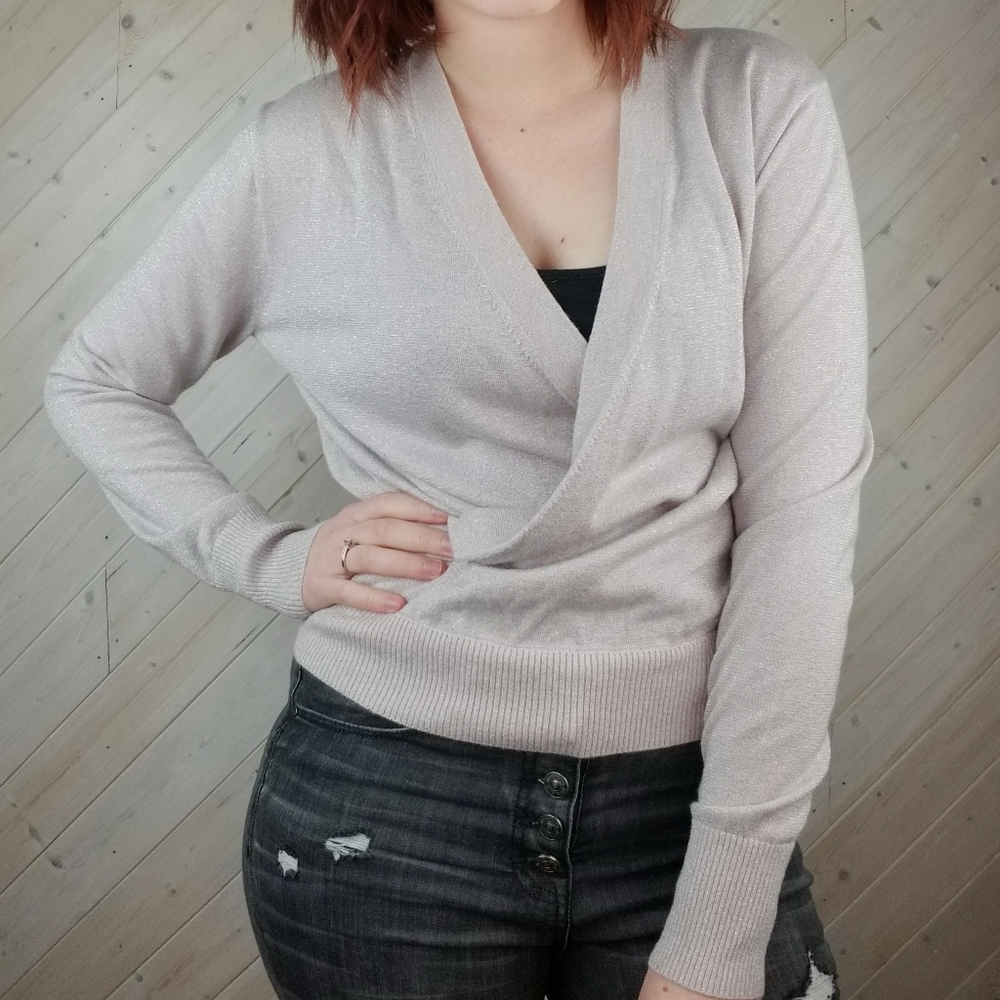 J. Crew | Metallic Wrap Knit Long Sleeve Top